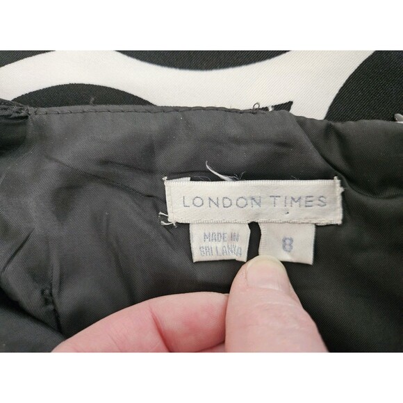 London Times Sheath Dress Size 8 Black & White Geometric circles Faux Belt - Picture 7 of 8